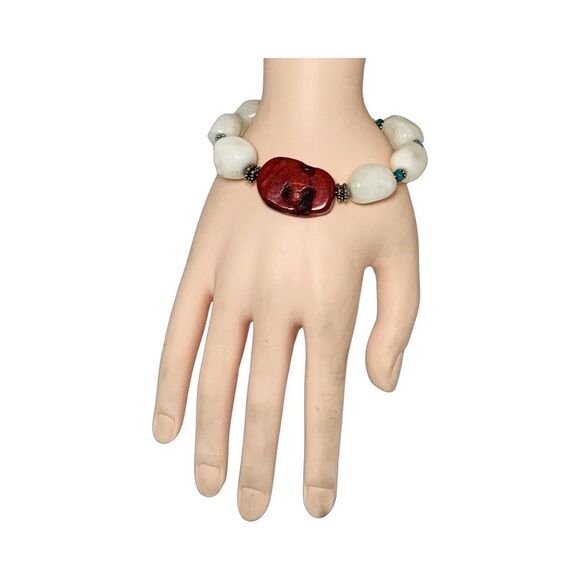 Barse White Druzy Red Coral Chunky Bracelet 7" 925 Sterling Sliver Bohemian - Picture 8 of 12